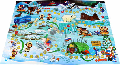 Настольная игра-бродилка. Новогоднее путешествие к Северному полюсу Состав игры: игровое поле, 4 фишки, 1 кубик