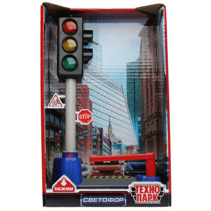 Модель пластик свет-звук СВЕТОФОР СО ШЛАГБАУМОМ подвижная. детали, кор. Технопарк в кор.2*18шт