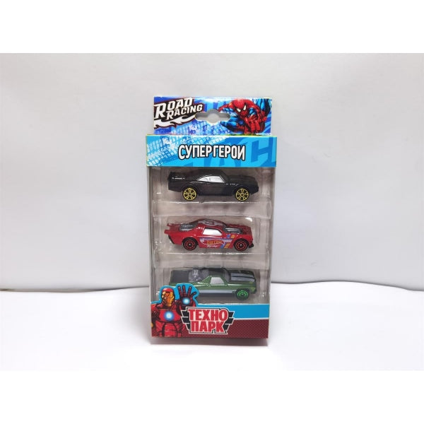 Машина металл ROAD RACING набор супергерои 7,5 см, 3 шт, в ассорт, кор. Технопарк в кор.2*120шт