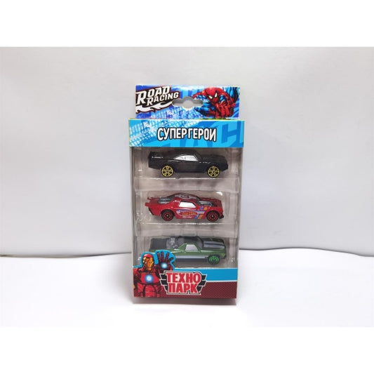 Машина металл ROAD RACING набор супергерои 7,5 см, 3 шт, в ассорт, кор. Технопарк в кор.2*120шт