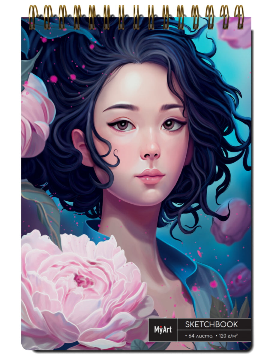 MyArt. СКЕТЧБУК А4 на гребне. АНИМЕ. ДЕВУШКА С ПИОНАМИ