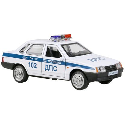 Machine en métal LADA-21099 "СПУТНИК" ПОЛИЦИЯ 12 см, двери, багаж, белый, кор. Parc technologique dans le cor.2*36шт