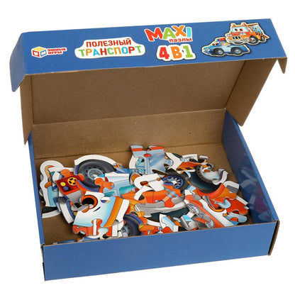 Полезный транспорт. Макси-пазлы. Набор 4 в 1: 8, 12, 15 и 20 деталей. Умные игры в кор.12шт