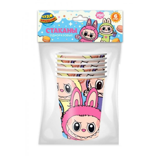 Стаканы бумажные 6 штук, лабубу ЧУДО ПРАЗДНИК в кор.96наб