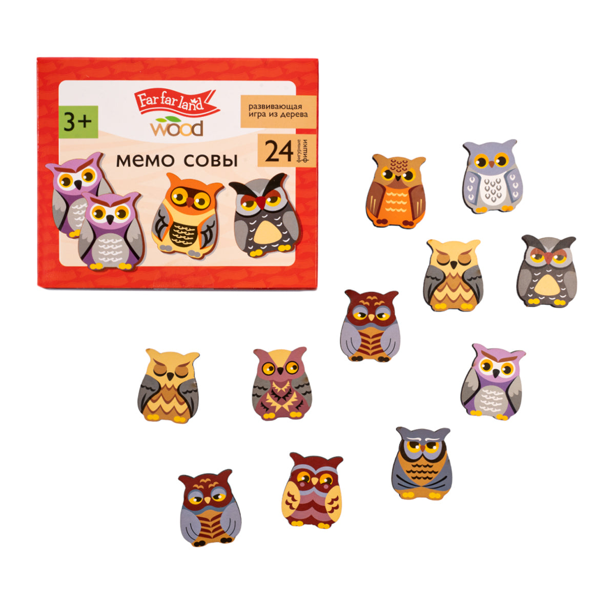 Игра настольная деревянная МЕМО "Совы" (24 фишки в коробке) Bois de terre lointaine