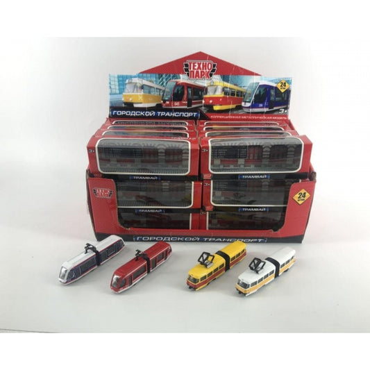 Машина металл ТРАМВАЙ С РЕЗИНКОЙ длина 12 см, в ассорт, дисплей, кор. Технопарк уп-24шт в кор.2*3уп