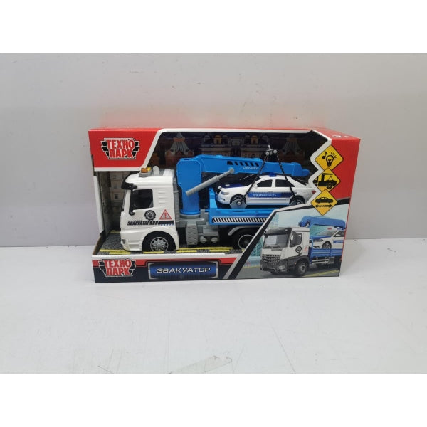 Машина пластик ЭВАКУАТОР 28 см+машина 14,5 см, свет-звук, инерция Технопарк в кор.24шт