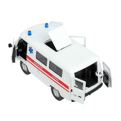 Машина металл светзвук УАЗ УАЗ 452 СКОРАЯ, 18,5 см, св-зв,дв,люк,баг,ин,бел Технопарк в кор.2*18шт
