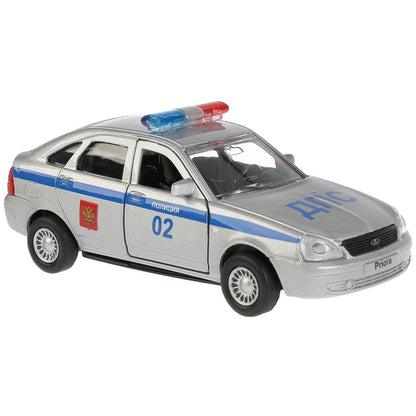 Машина металл LADA Priora хэтчбек полиция 12см, открыв. двери, инерц. в кор. Технопарк в кор.2*24шт