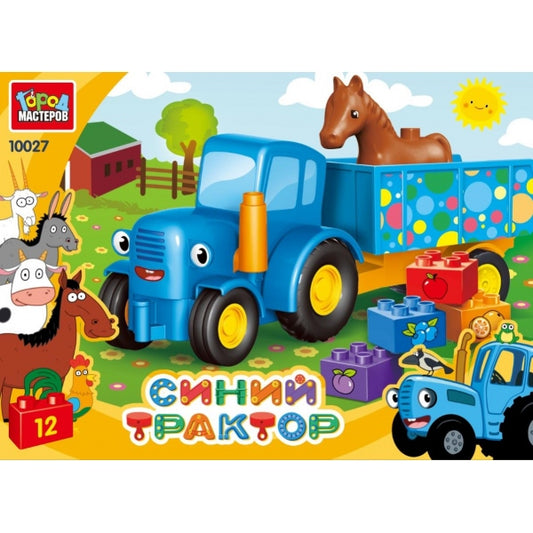 Конструктор больших кубиков:синий ТРАКТОР с тележкой, 12 дет. Город мастеров в кор.24шт