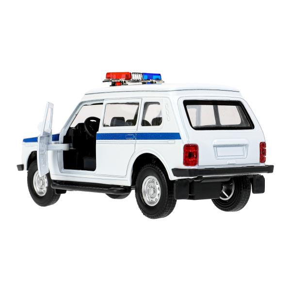 Machine en métal pour véhicule LADA 4x4 2131 ПОЛИЦИЯ 12,8 см, двер, баг, инр, кор.. Технопарк в кор.2*36шт