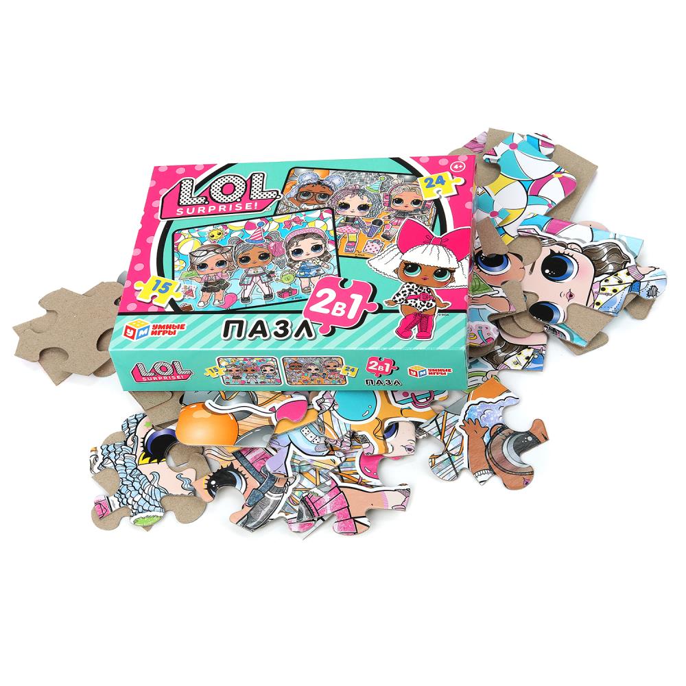 L.O.L. Пазлы в коробке, набор 2 в 1: 15 и 24 детали. 190х140х35 мм. Умные игры в кор.20шт