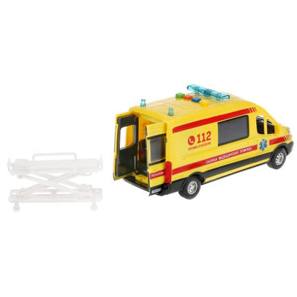 Машина свет+звук "форд транзит реанимация" 22,5см, пластик, откр.двери, инерц. Технопарк в кор2*18шт