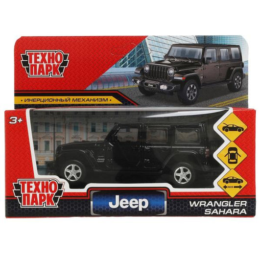Машина металл JEEP WRANGLER SAHARA 12 см, двери, багажник, инерц, черный, кор. Технопарк в кор.2*36шт